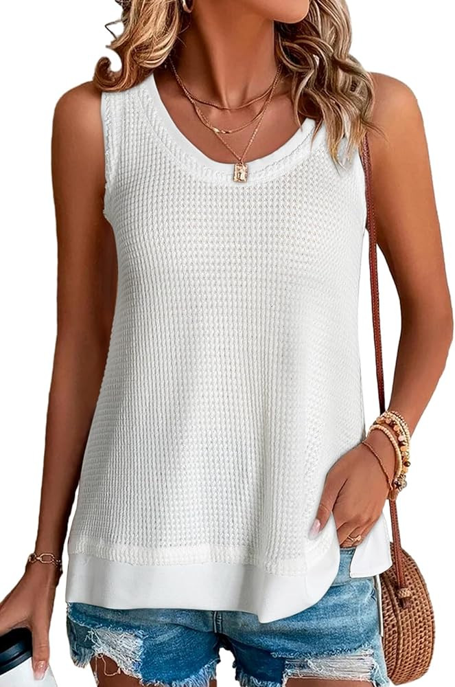 BLENCOT Women's Tops Waffle Knit Summer Tank Tops Casual Scoop Neck Sleeveless Loose Tunic Shirts | Amazon (US)
