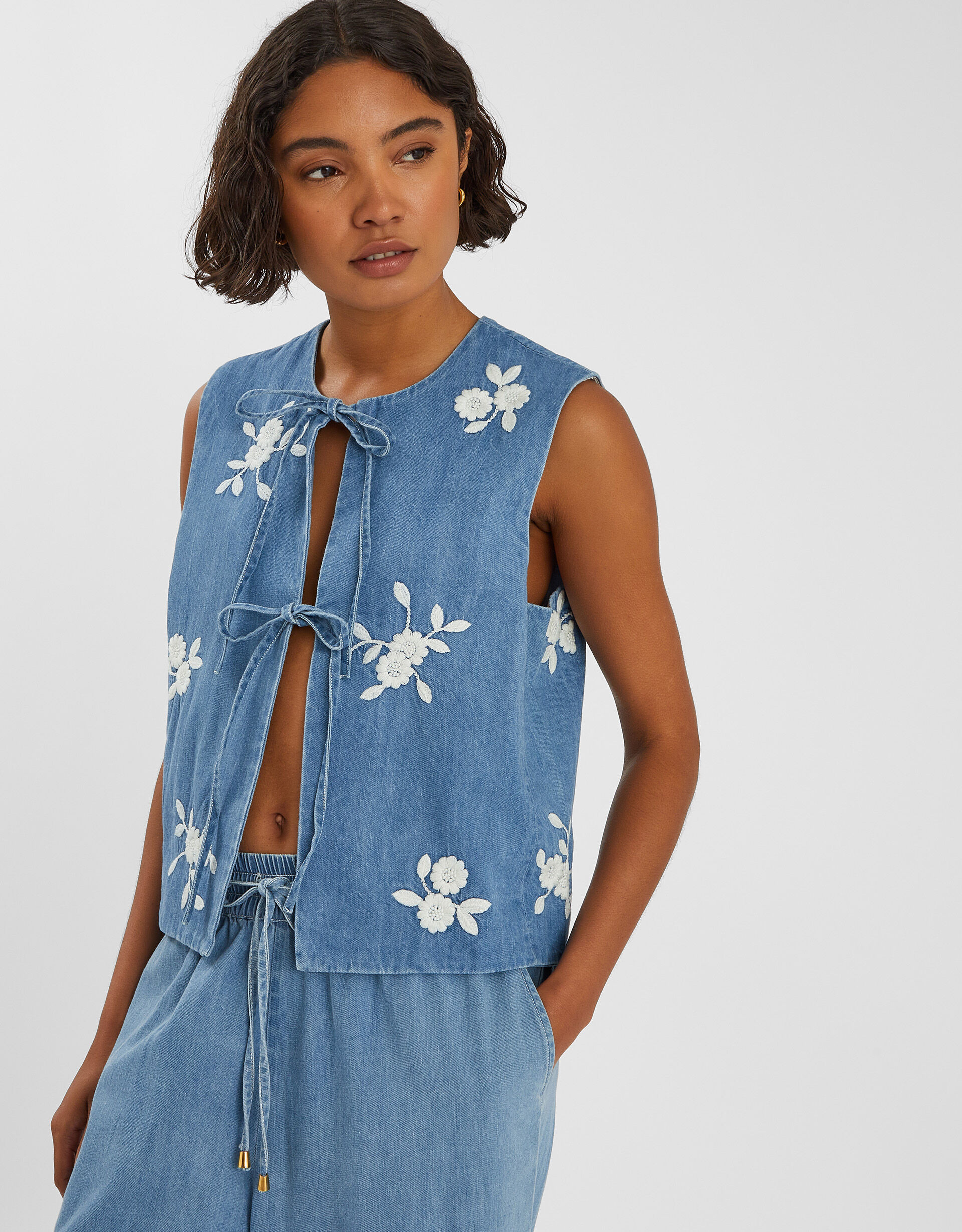 Floral Embroidered Denim Waistcoat Blue | Accessorize (Global)