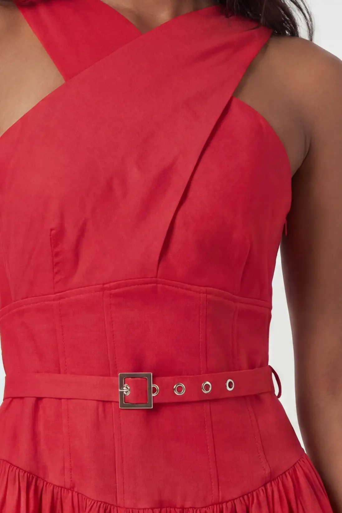 Premium Tailored Linen Halter Neck Belted Full Midi Dress | Karen Millen