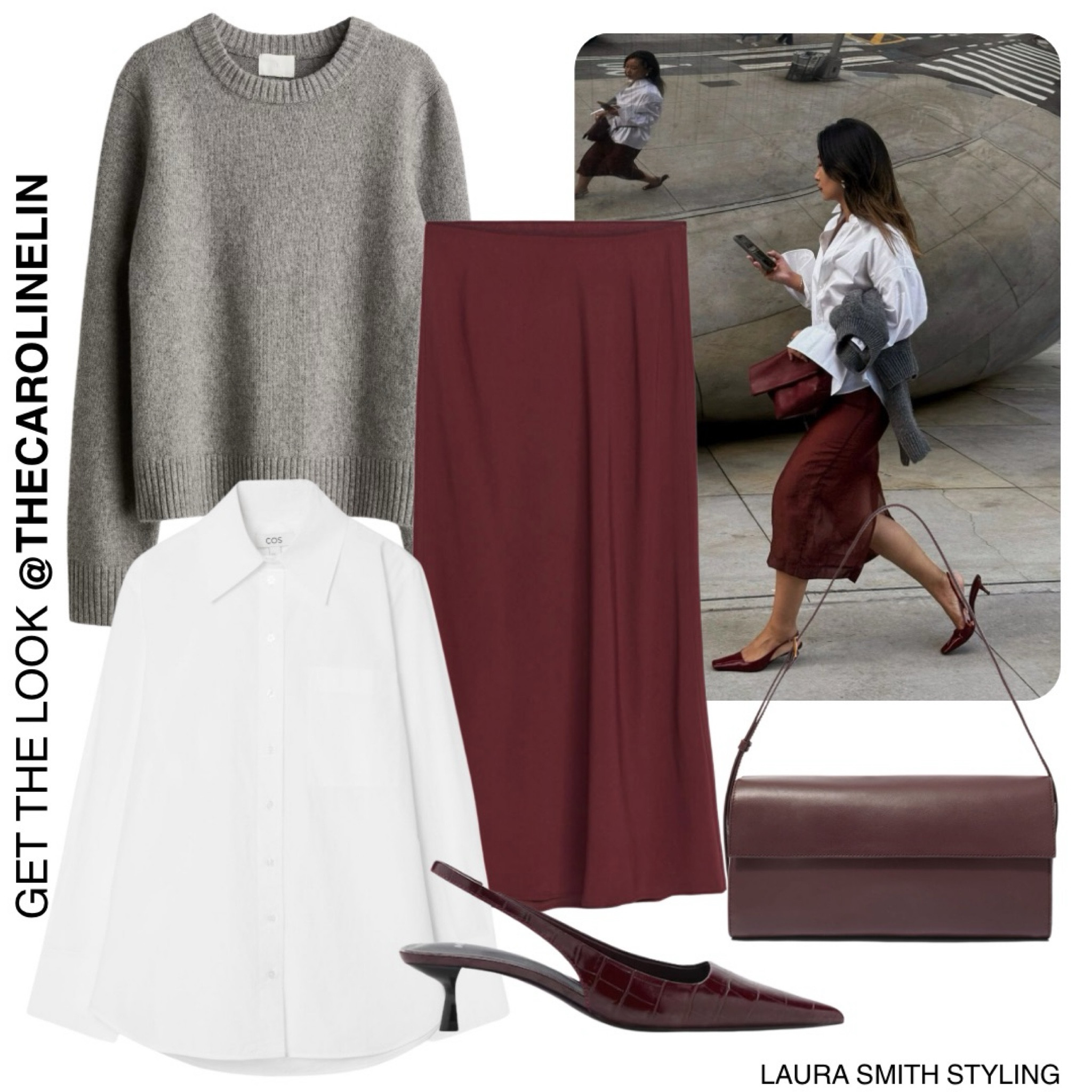 Make a statement with a burgundy skirt and matching accessories. The shirt makes it perfect for work and the jumper helps against the cold   

#LTKuk #LTKworkwear #LTKautumn