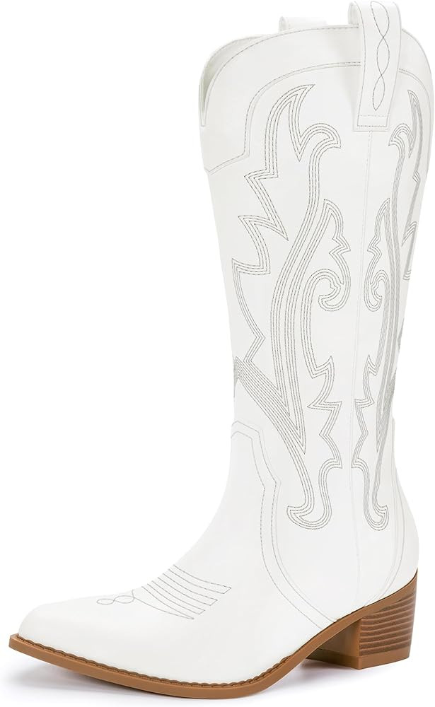 Athlefit Women's Embroidered Western Cowboy Boots Fashion Pointed Toe Chunky Heel Mid Calf Cowgir... | Amazon (US)