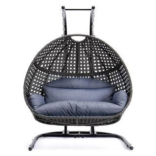 2-Person Black Wicker Patio Swing Double-Seat Swing Chair with Stand with Dust Blue Cushion | The Home Depot