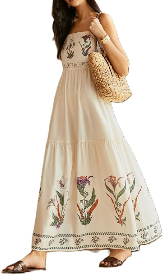 Women Bohemian Graphic Maxi Dress Spaghetti Strap Flowy Cami Dress Floral Tiered Sundress Y2K Sum... | Amazon (US)