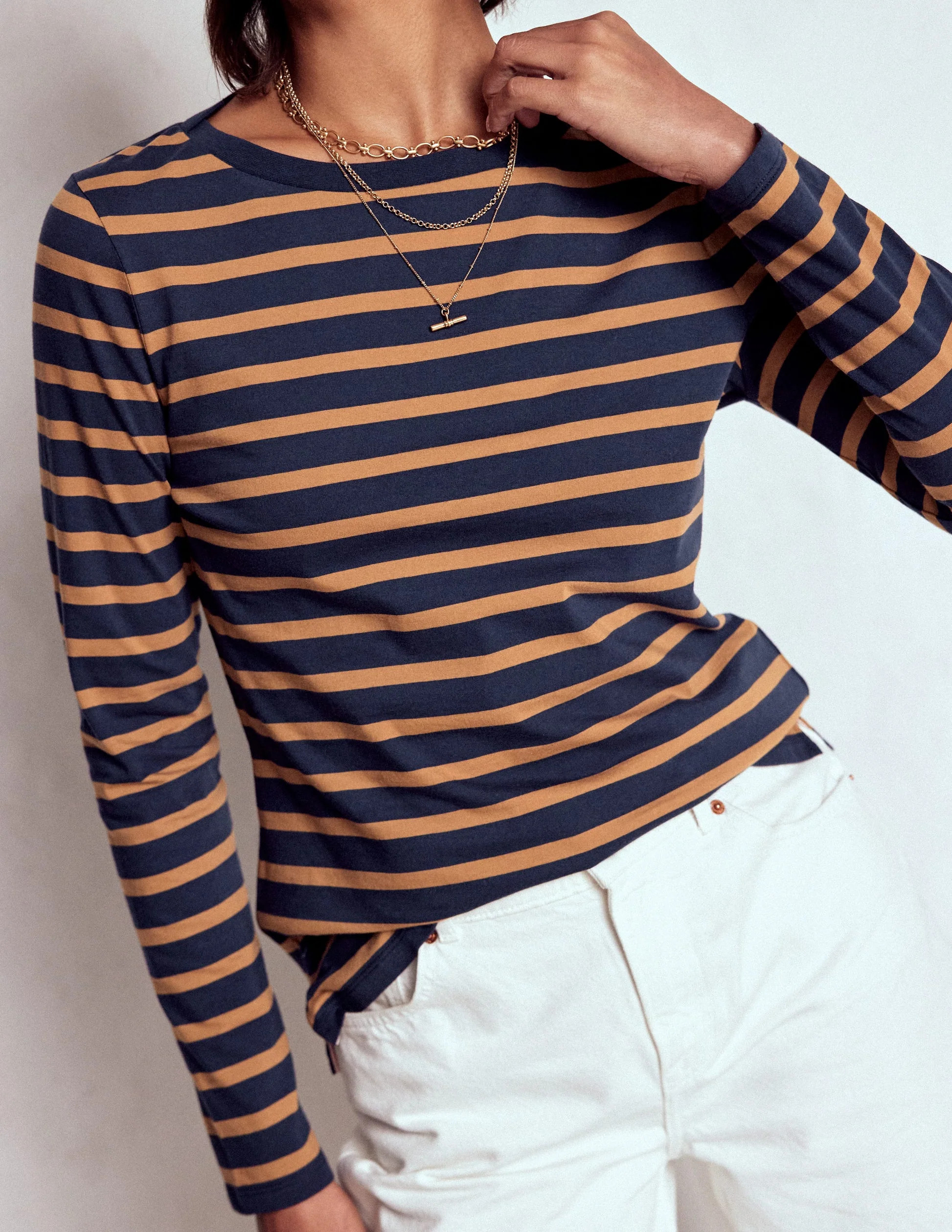Olivia Long Sleeve Breton-Navy, Camel Stripe | Boden (US)