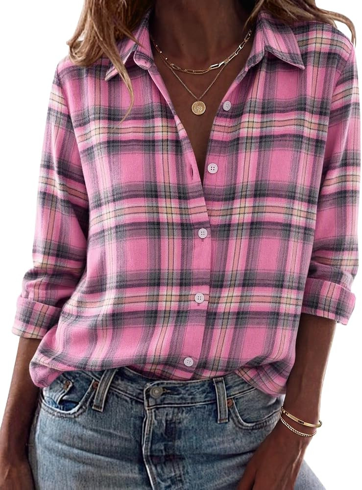 Zeagoo Flannel Shirt Women Long Sleeve Plaid Button Down Fall Work Blouses | Amazon (US)