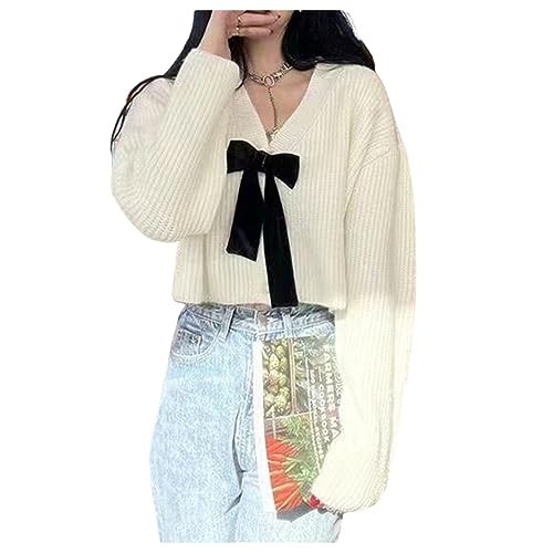 Women's Knit Cardigan Bow Tie V-Neck Sweater Cardigans Casual Crochet Crop Jacket Top White | Amazon (US)