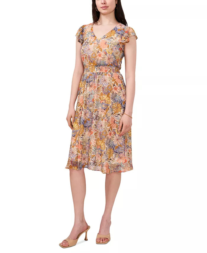 Petite Printed Flutter-Sleeve V-Neck Dress | Macy's
