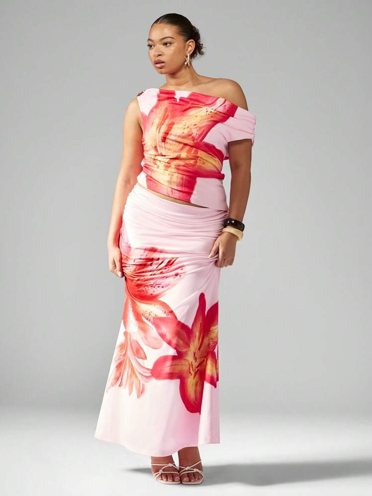 MISSGUIDED PLUS Plus Size Watercolor Floral Print Off-Shoulder Ruched Top And High Waist Maxi Skirt Set Summer Wedding Guest Formal Evening Party Two-Piece Outfit | SHEIN