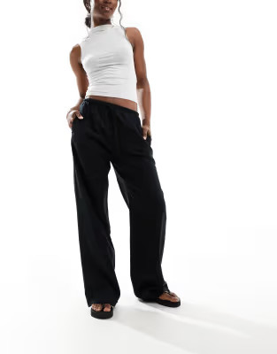 Bershka tie waist wide leg linen trousers in black | ASOS (Global)