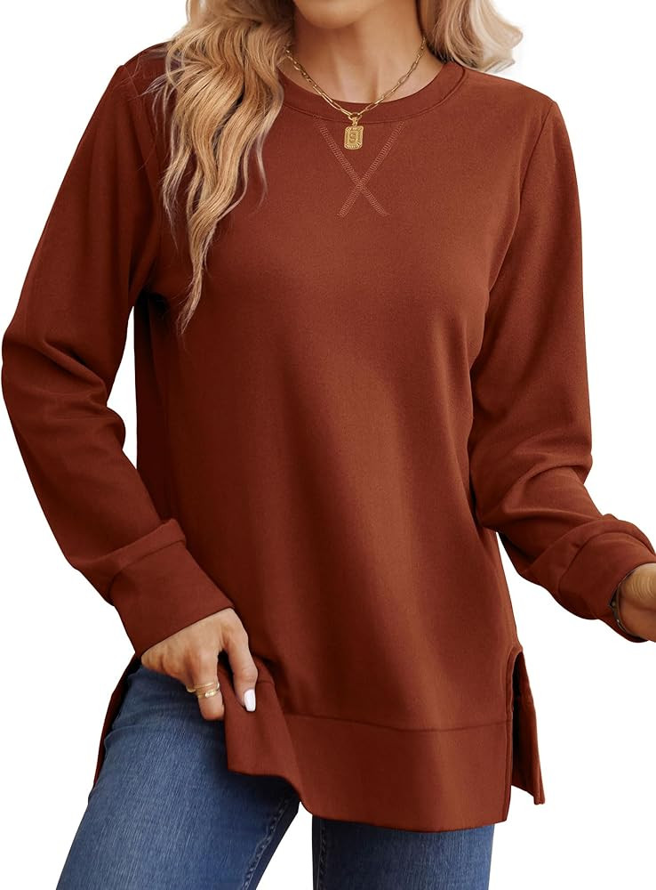 Saloogoe Sweatshirt for women Side Split Fall Fashion 2025 Long Sleeve Shirts Trending Now | Amazon (US)