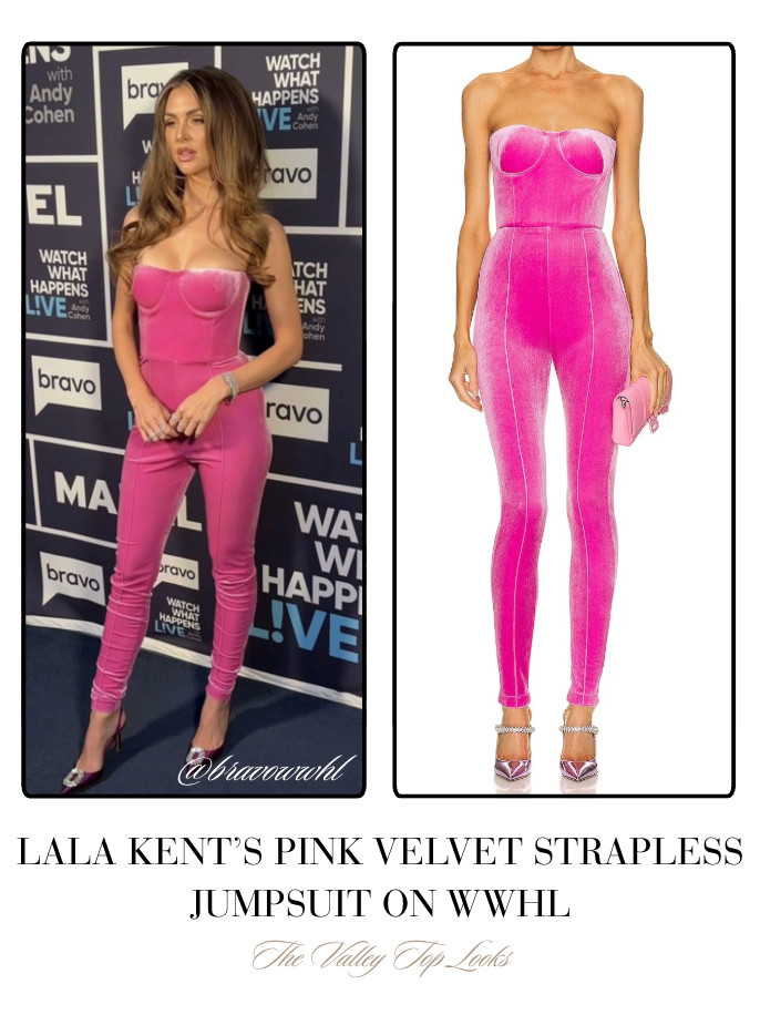 Lala Kent's Pink Strapless Velvet Jumpsuit on WWHL 📸= @bravowwhl 

 