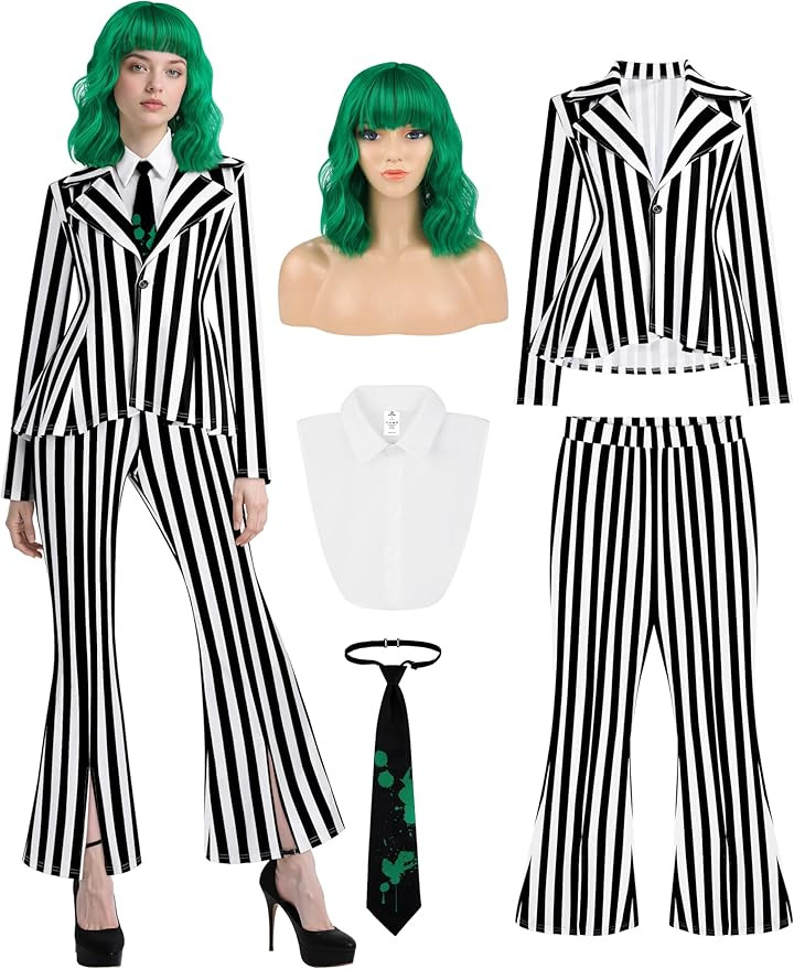 RUODON 5PCS Women Black and White Striped Blazer Pants Pinstripe Suit with Green Curly Wig and Ti... | Amazon (US)