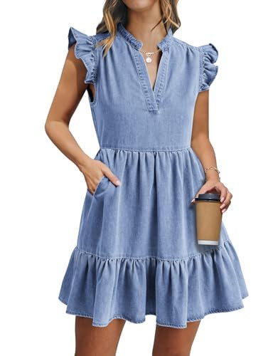 POTILI Denim Dress for Women Ruffle Short Sleeve V Neck Jean Mini Dress with Pockets Light Blue | Amazon (US)
