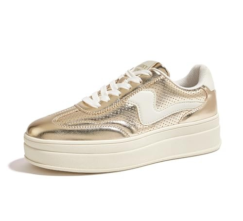 LUCKY STEP Women's Platform Fashion Sneakers Thick Sole Suede Faux Leather Classic Rubber Gum Sole Low Top Casual Walking Shoes(Gold/White,10 B(M) US) | Amazon (US)