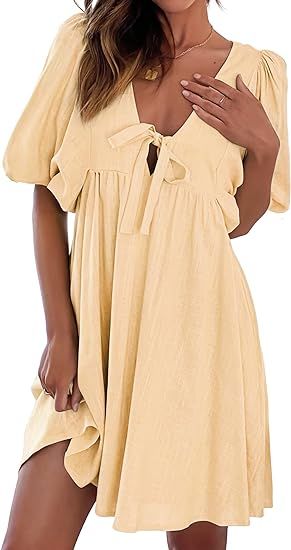 Women's Casual Dresses 2023 Summer Dresses Lantern Sleeve Mini Dress Solid Color V Neck Tie Front... | Amazon (US)