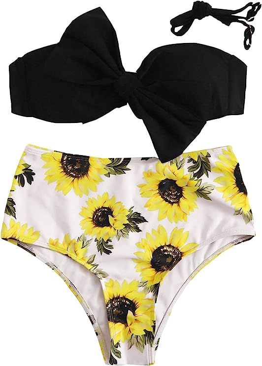 SweatyRocks Women's Swimwear Set Bow Bikini Top Floral High Waisted Swimsuits | Amazon (US)