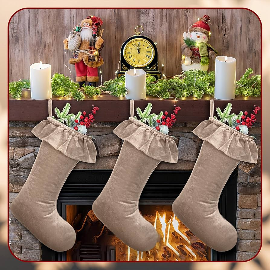 4 Pcs 11.8 x 19 Large Brown Velvet Christmas Stocking Xmas Plush Stocking Fireplace Decor Hanging... | Amazon (US)