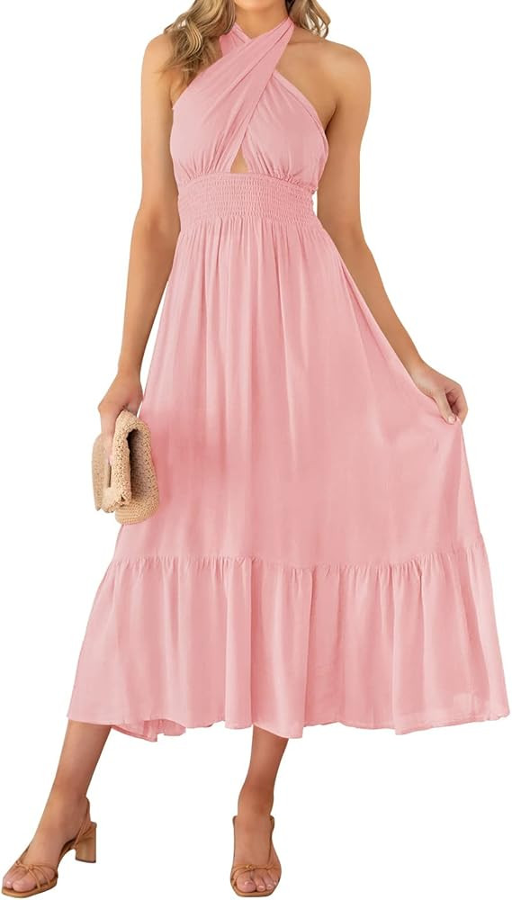 Women's Summer Criss Cross Halter Neck Cut Out Solid Color Sleeveless Flowy A Line Midi Dress | Amazon (US)