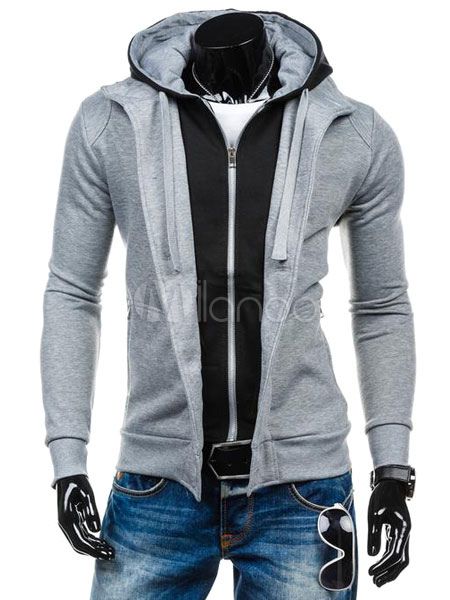 Black/grey Hoodie Men's Contrast Color Fake 2-piece Cotton Pullover Hoodie | Milanoo