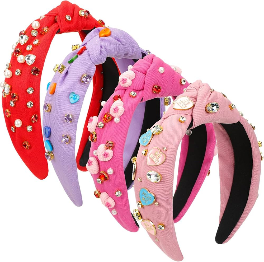 Yuxung 4 Pack Valentine's Day Knotted Headbands, Pearl Crystal Gemstone Heart Shape Jewelry Headb... | Amazon (US)