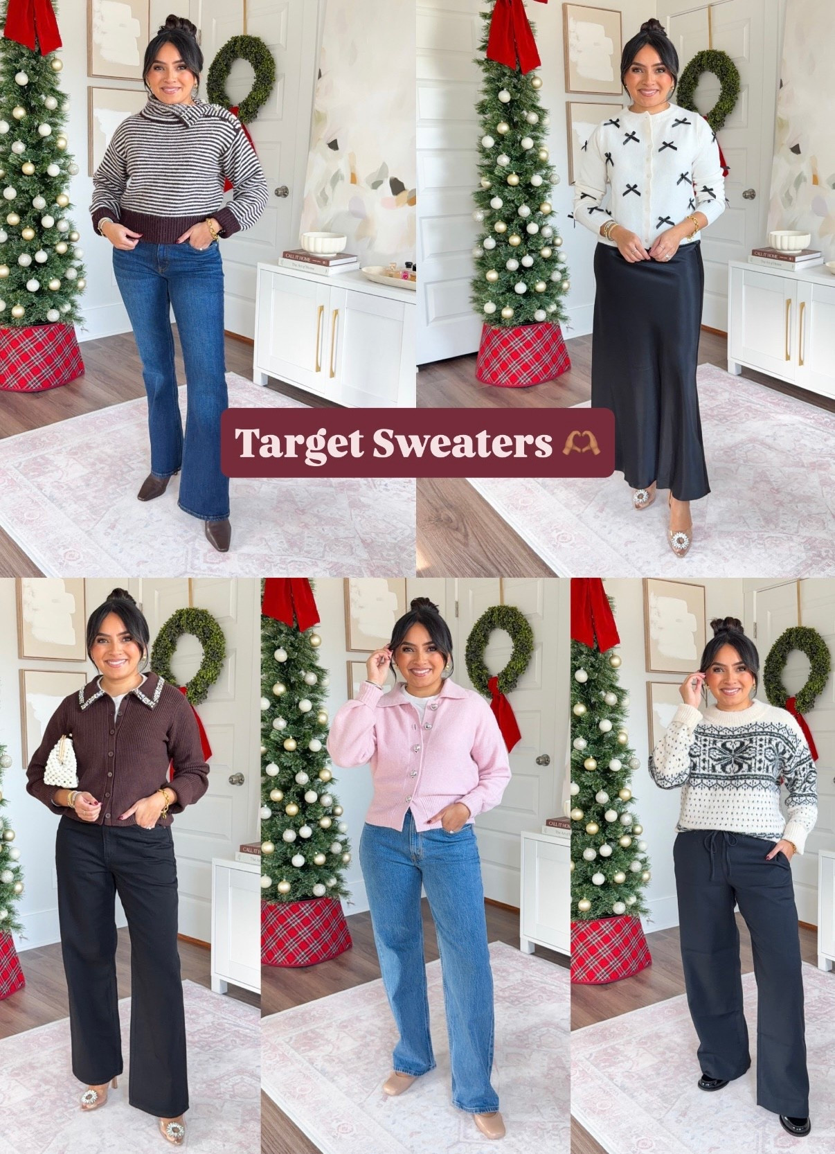 Target Sweaters!
For reference: I’m 5’0, 32b bra size, and 2/26 in bottoms, pear shaped. 
*Everything I share is unaltered! TTS means true to size. Between size 5-6.6 in shoes

Burgundy stripe sweater (looks more brown in person) size xs TTS
Flare jeans in midnight size 26, 30” TTS
Dark brown leather boots size 5.5

Black bow cardigan sweater size xs TTS
Black silk maxi skirt size xs TTS
Rhinestone heels - old, similar linked

Dark brown rhinestone sweater size xs TTS
Black high rise loose jean size 26 short TTS
White tee size xs petite TTS
Rhinestone heels - old, similar linked

Light pink heart button sweater size xs TTS
White tee size xs petite TTS
90’s relaxed jean in medium marble size 26 short TTS
Tan adobe color flats size 5 TTS

Cream sweater size xs TTS
Black drawstring pant size xs short TTS
Black loafers size 5 TTS




target sweaters
target winter outfits
petite target outfits
affordable winter outfits
cozy sweater outfits
everyday winter outfits
target fashion finds
petite sweater outfits
casual winter style
target knit sweaters
work to weekend outfits
budget friendly outfits
winter outfit ideas
target capsule wardrobe
petite fashion inspo
Rachel Miranda Blog
Honeysweetpetite

#LTKSaleAlert #LTKPetite #LTKFindsUnder50