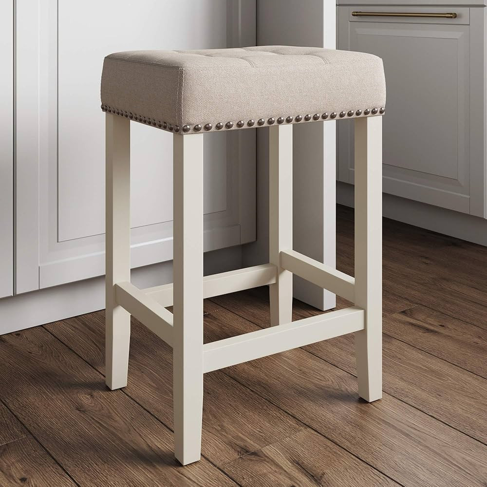 Nathan James Hylie Nailhead Wood Pub-Height Kitchen Counter Bar Stool 24", Natural Flax/White | Amazon (US)