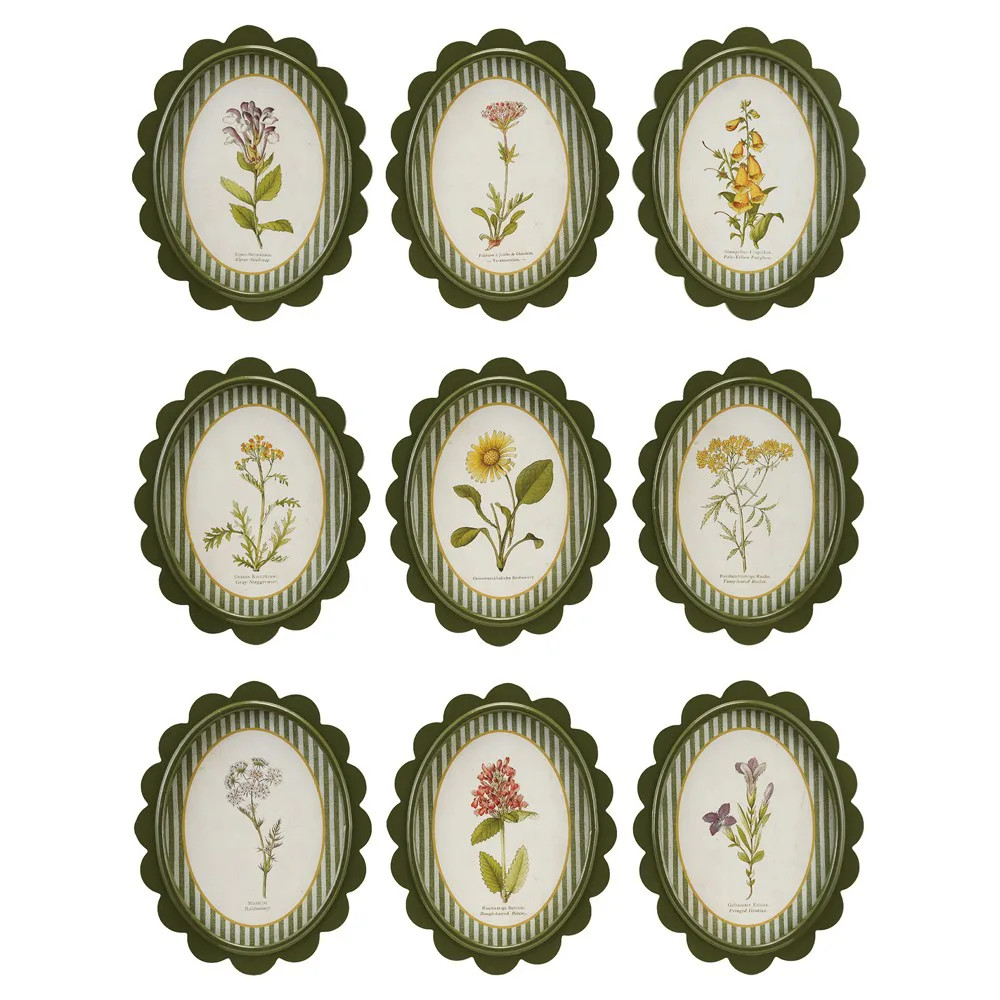 Linara Updated Traditional Yellow Floral Green Frame Illustration - Set of 9 | Kathy Kuo Home