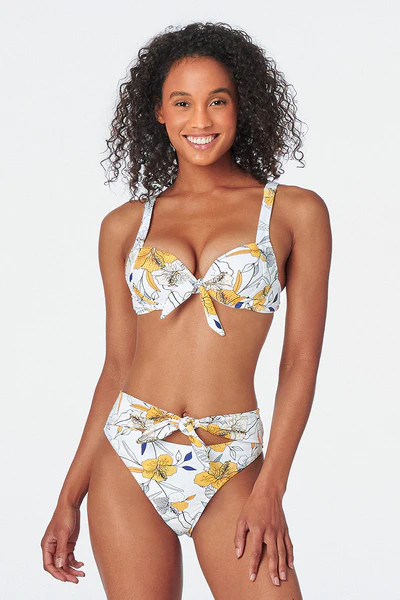 White Floral Wide Straps Knotted Bikini Top | Cupshe