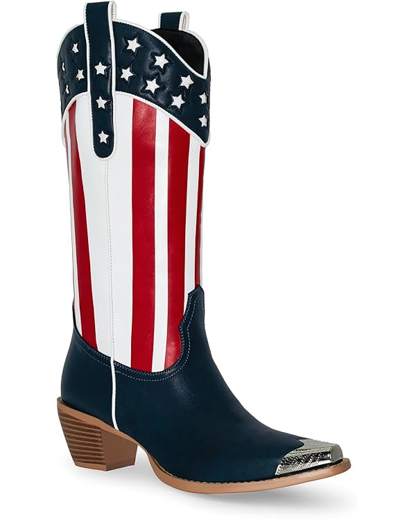RKQ Women's Flag Mid Calf Cowboy Boots Chunky Block Heel Pull On Wide calf Metal Pointed Toe West... | Amazon (US)
