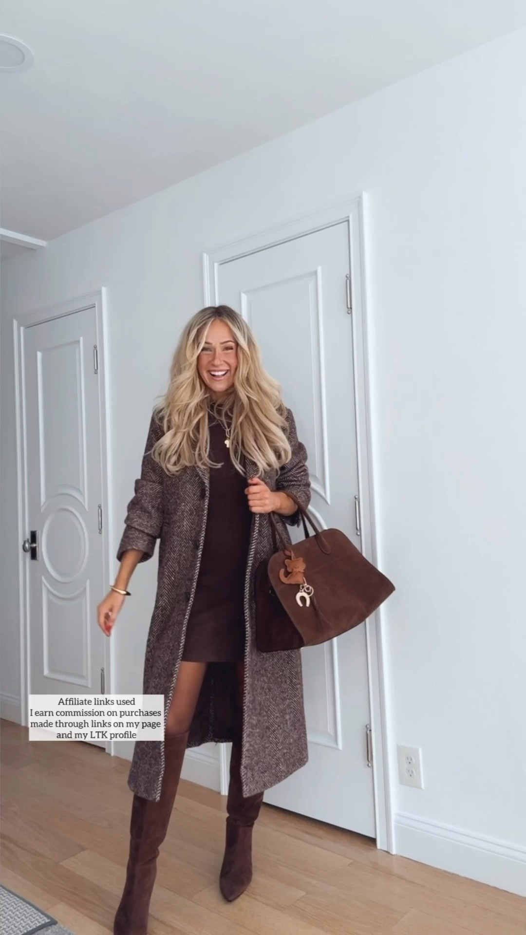 Thanksgiving outfit 

Chocolate brown coat
Sweater dress
Suede boots