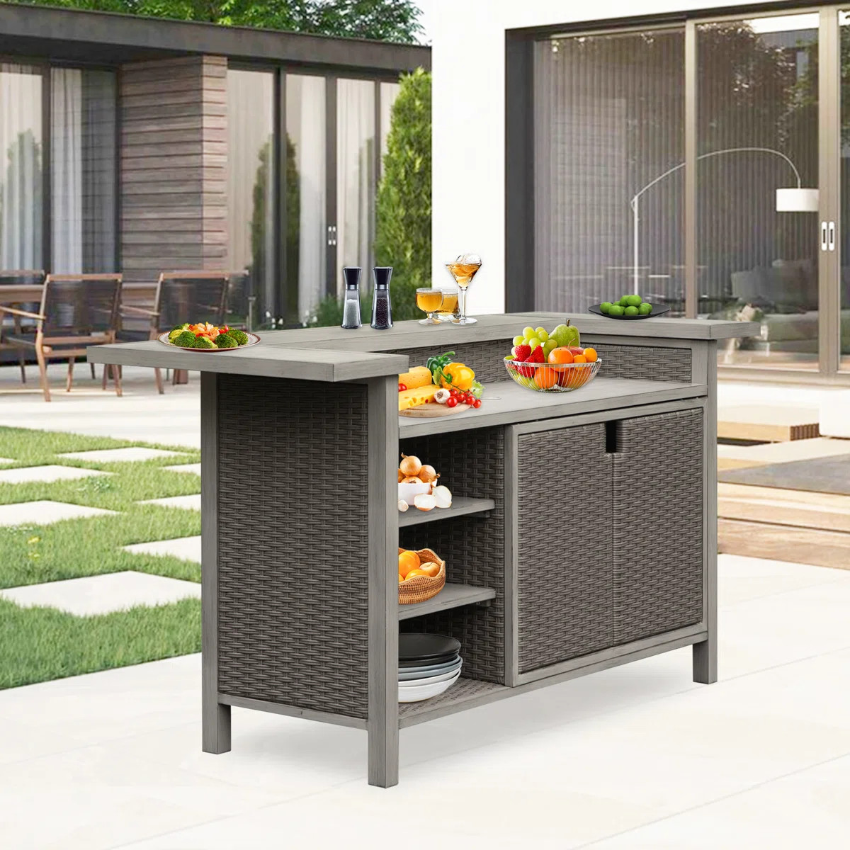 Outdoor Aluminum Grill Cart PE Wicker Bar Cart and Cabinet with Storage | Wayfair North America