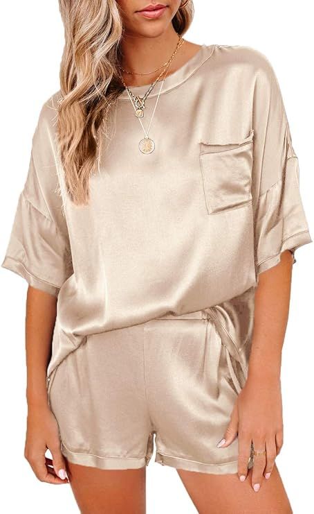 CHYRII Women's Silk Satin Pajamas Two Piece Pj Sets Crewneck Short Sleeve Tops and Shorts Sleepwe... | Amazon (US)