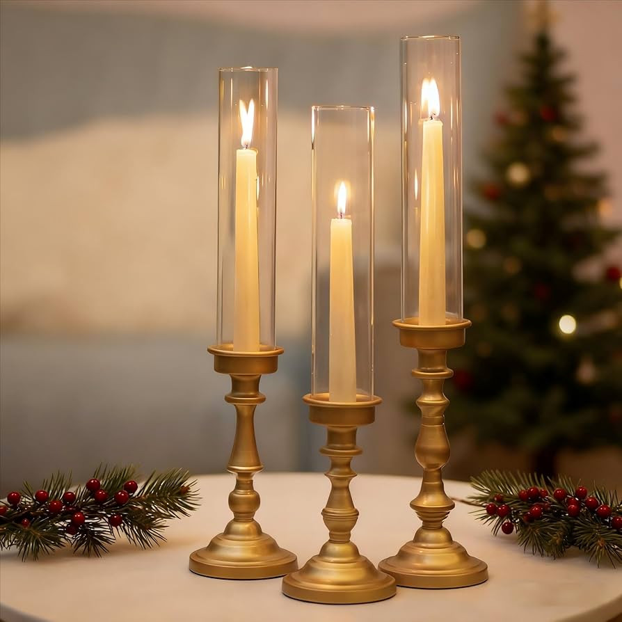 NUPTIO Hurricane Candle Holder for Centerpiece: Set of 3 Gold Candlestick Holders with Glass Shad... | Amazon (US)