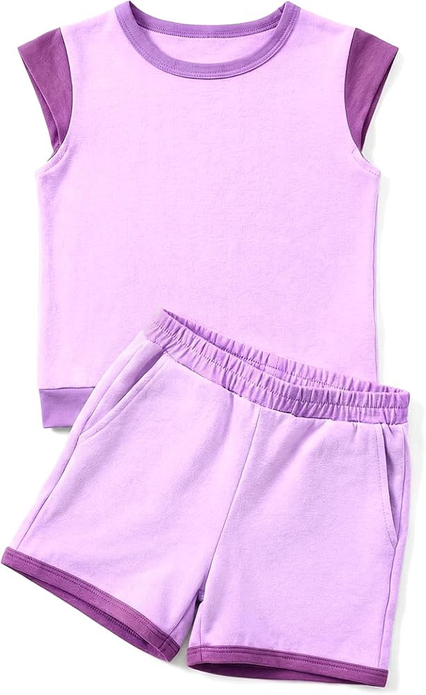 XMWEALTHY Toddler Girl Clothes Color Block Cap Sleeve Top with Shorts Sweatsuit 2 Piece Summer Ca... | Amazon (US)
