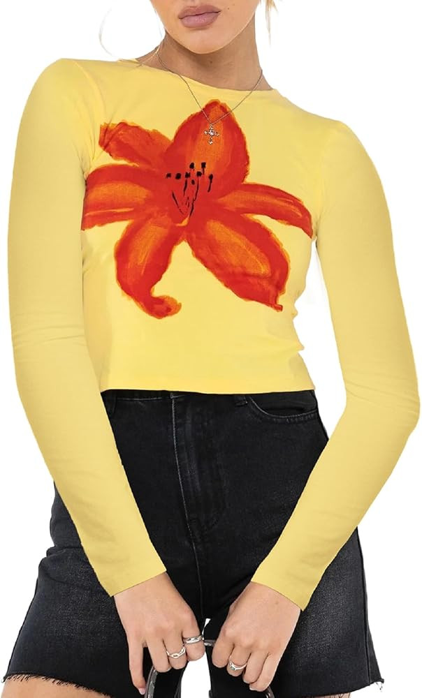 Women Y2k Graphic Baby Tee Long Sleeve Printed Crop Top Teen Girls Slim Fit Aesthetic Flower Shir... | Amazon (US)