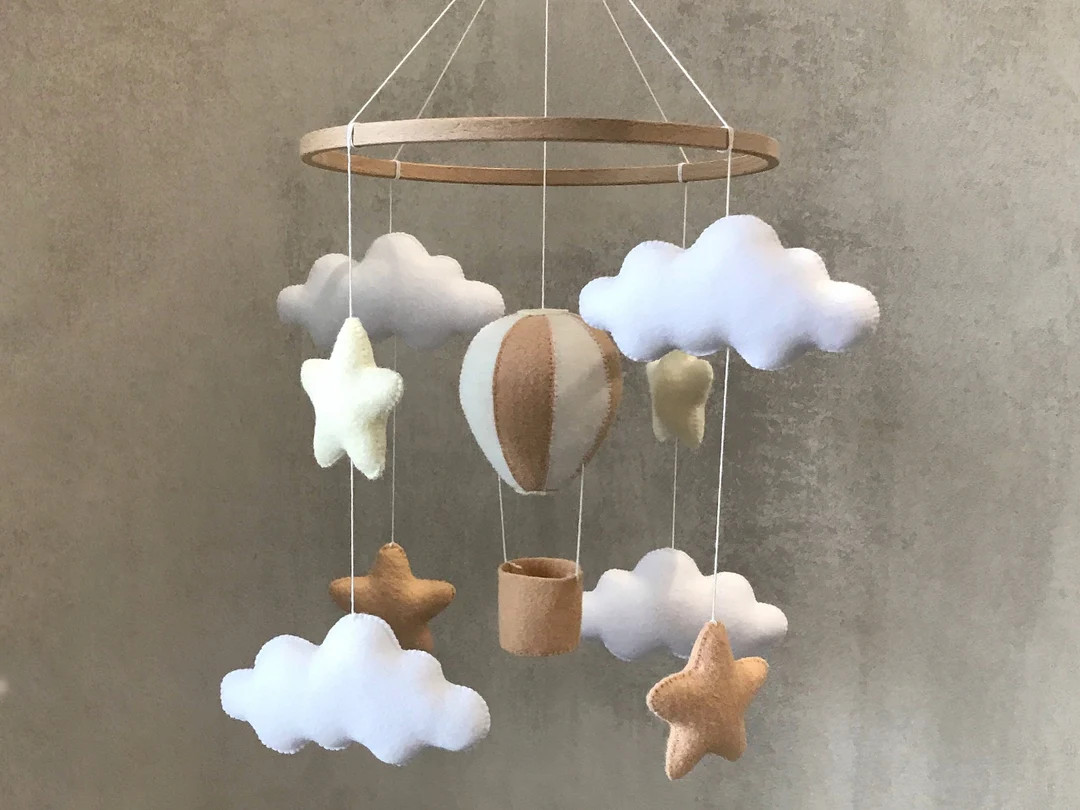 Neutral nursery mobile hot air balloon. Stars and clouds mobile unisex. First Christmas gift | Etsy (US)