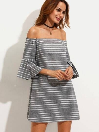 Grey Striped Ruffle Sleeve Off The Shoulder Dress | SHEIN