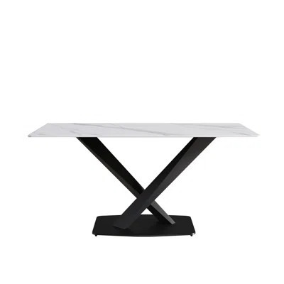 63-Inch Modern Artificial Stone White Straight Edge Black Metal X-Leg Dining Table -6 People | Wayfair North America