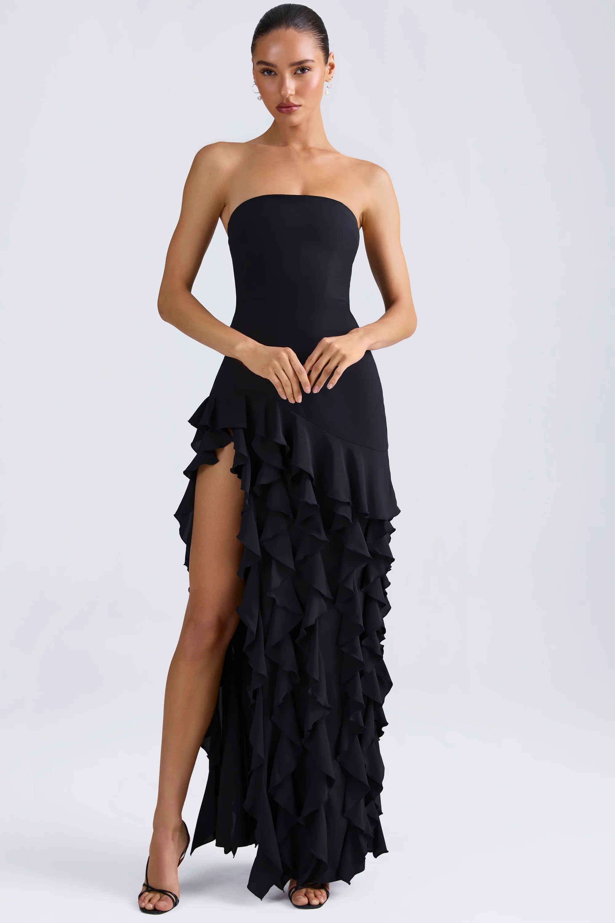 Ruffle-Trim Strapless Gown in Black | Oh Polly