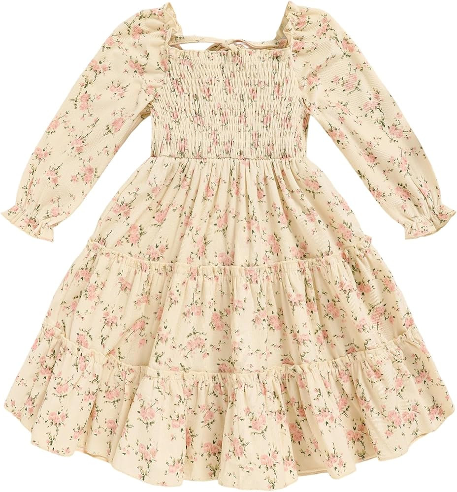 Toddler Girl Dress Long Sleeve Baby Floral Smocked Square Neck Playwear Dress | Spring Fall Casua... | Amazon (US)