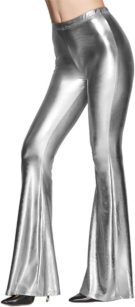 IWEMEK Women Shiny Metallic Bell Bottom Bootcut Palazzo Leggings 70s Disco Wide Leg Pants High Wa... | Amazon (US)