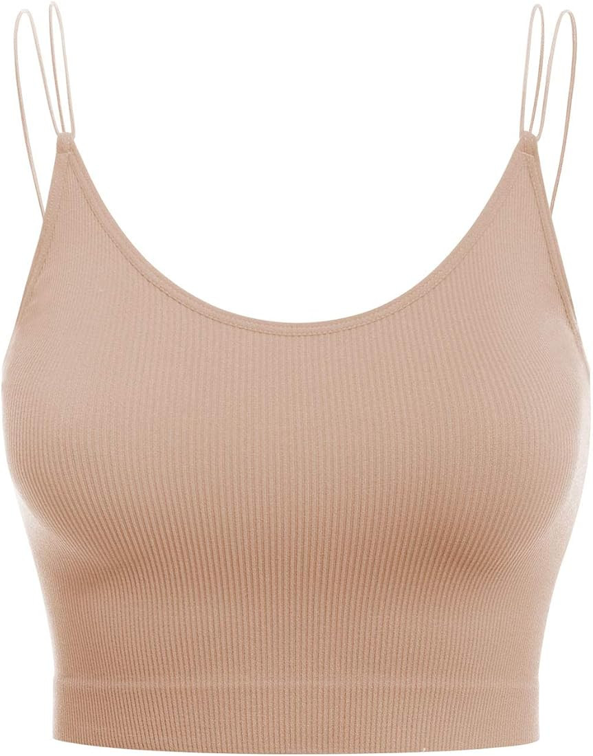 Design by Olivia Women's Sexy Double Thin Spaghetti Strap Ribbed Seamless Brami Cami Crop Top Sol... | Amazon (US)