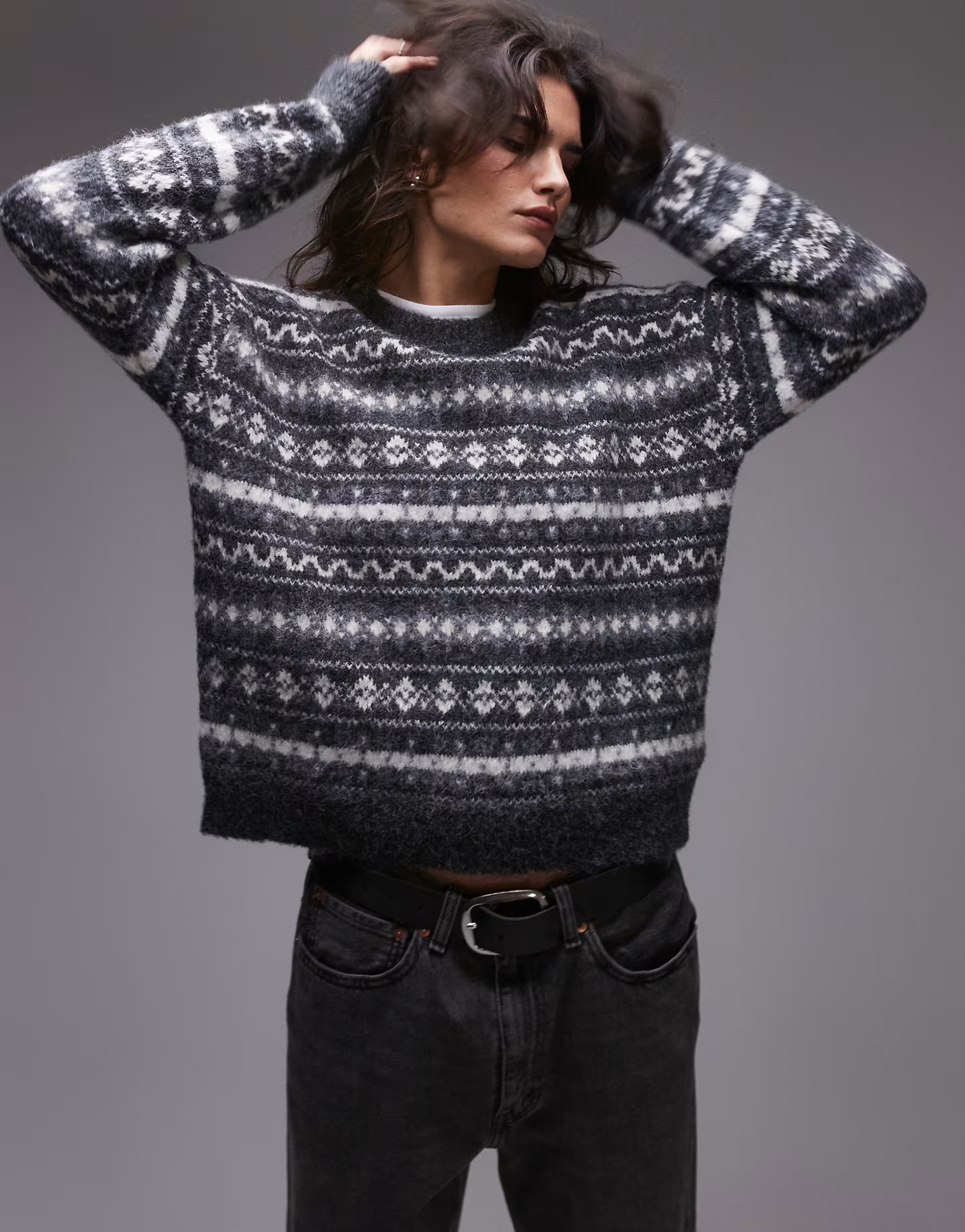 Topshop knitted all over fairisle print oversized jumper in grey | ASOS (Global)