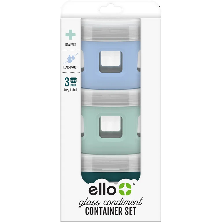 Ello Duraglass Reusable Glass Condiment Containers with Leak Proof Plastic Lid, 4 oz, Set of 3 | Walmart (US)
