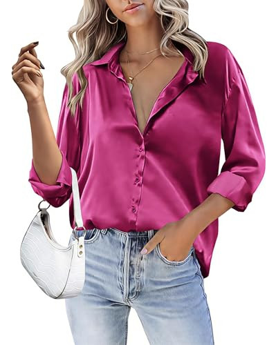 HOTOUCH Hot Pink Silk Button Down Shirt Women Long Sleeve Satin Blouse Casual Date Night Outfit Tops Hot Pink L | Amazon (US)