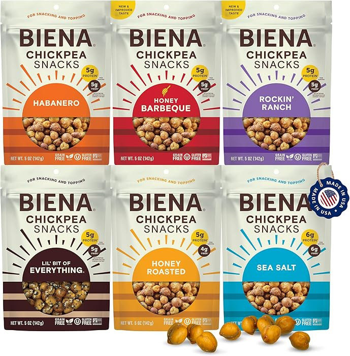 BIENA Chickpea Snacks - Crunchy Roasted Chickpeas - High Fiber Vegan Protein Snack for Adults & K... | Amazon (US)