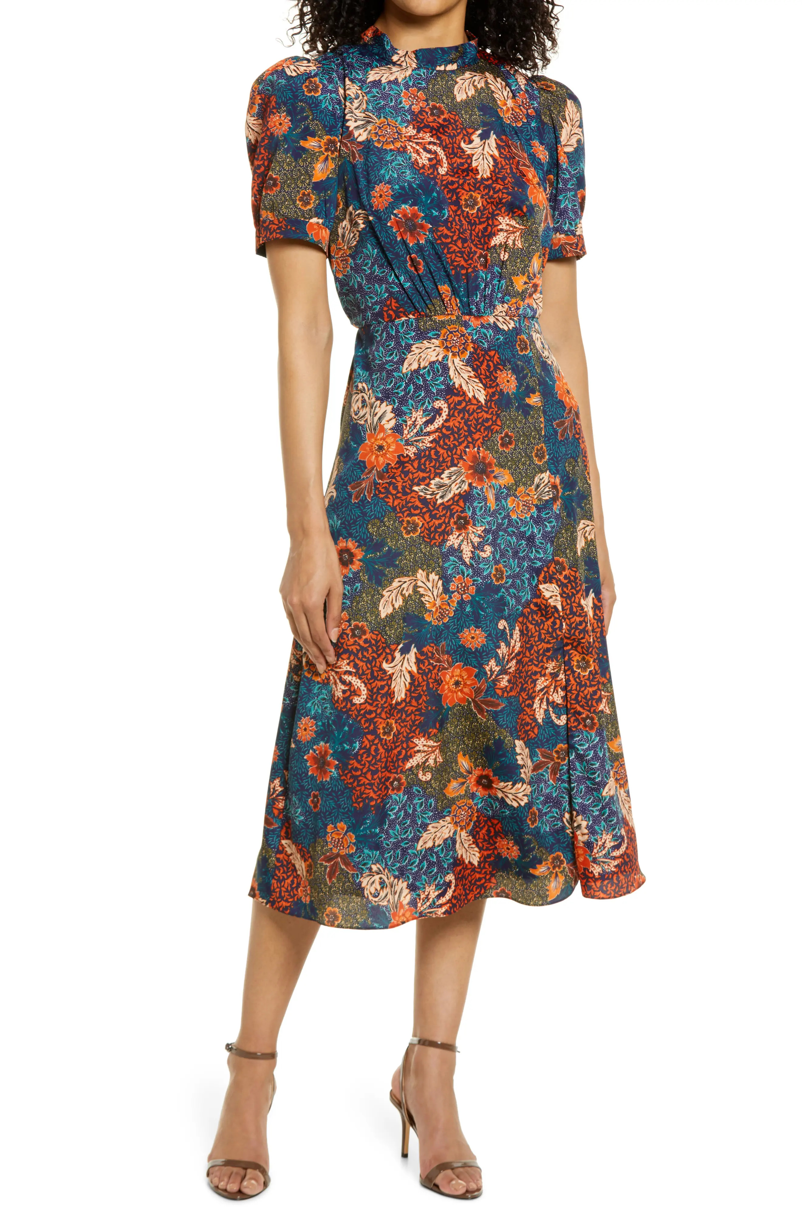 Julia Jordan Floral Puff Sleeve A-Line Midi Dress, Size 8 in Navy Multi at Nordstrom | Nordstrom