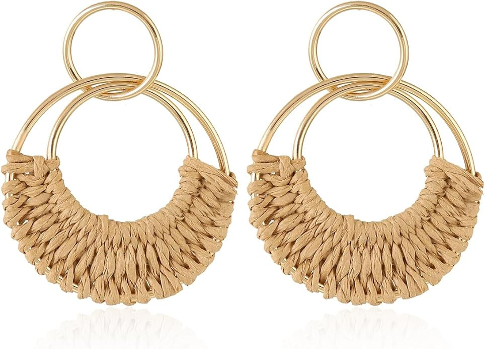 Handmade Raffia Hoop Earrings Statement Tropical Bohemian Straw Dangle Earrings Natural Rattan Va... | Amazon (US)
