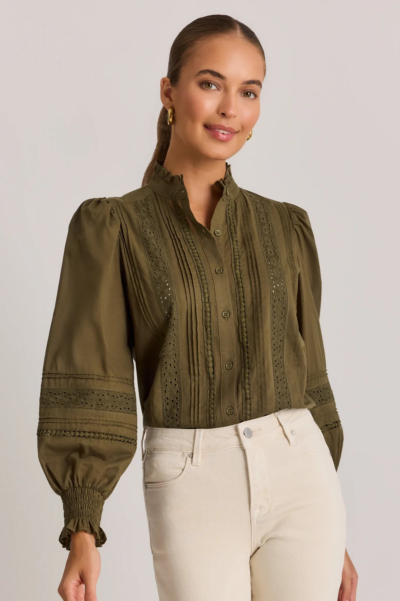Green Lace Detail Button Up Top | Avara