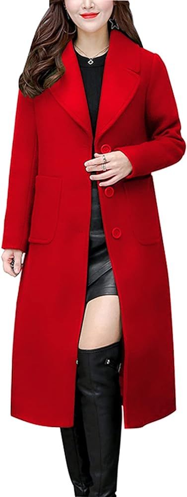chouyatou Women's Big Notch Lapel Single Breasted Mid-Long Wool Blend Coat | Amazon (US)